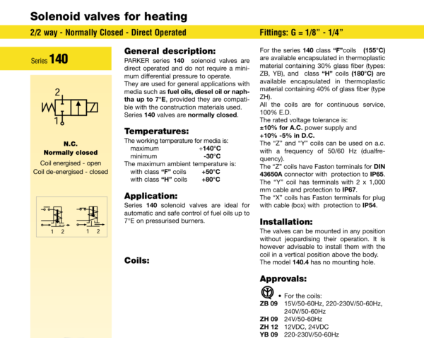 Parker 140 Series 2/2 Solenoid valve , NC , Direct operage